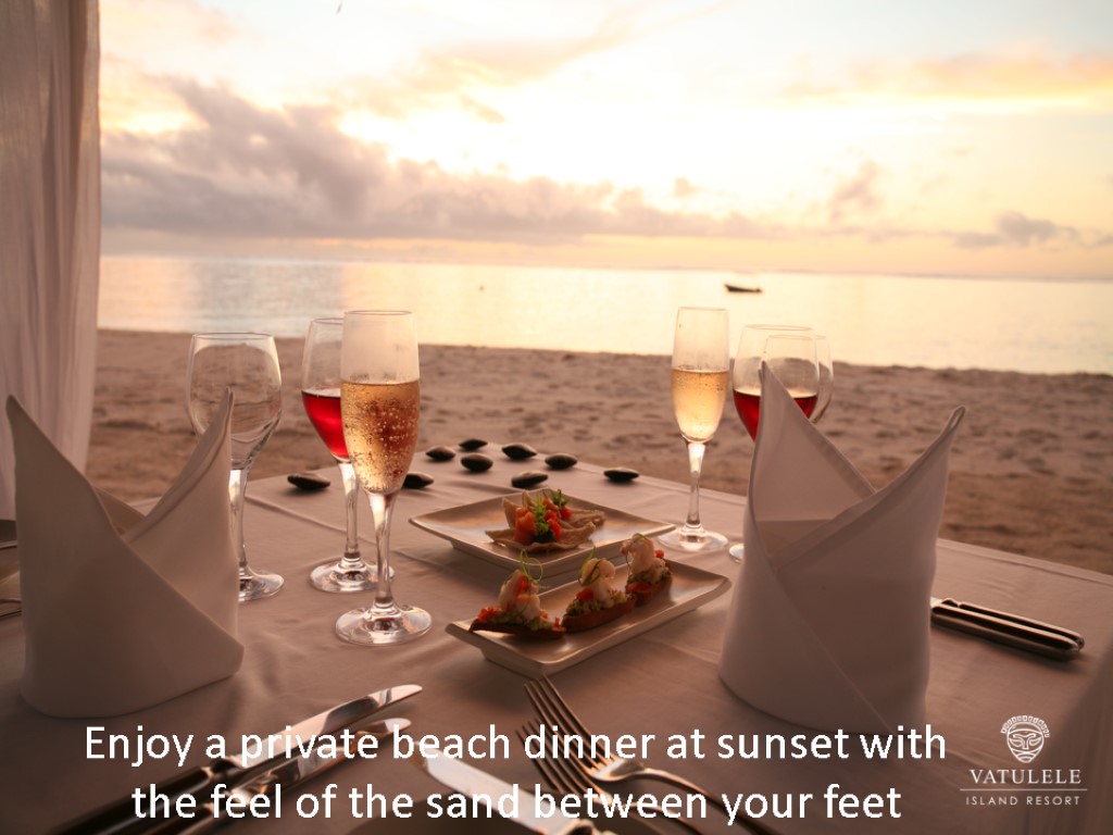 Enjoy a private beach dinner at sunset with the feel of the sand between